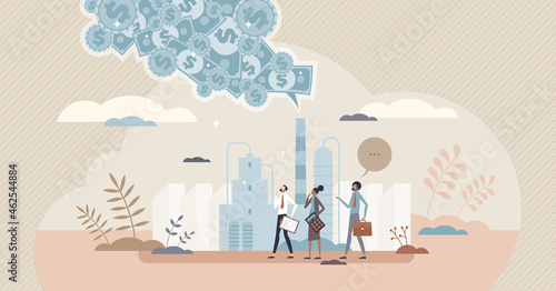 Carbon tax and CO2 emissions environmental price charge tiny person concept. Government payment for burning fossil fuels and make dioxide air pollution vector illustration. Greenhouse gases money flow