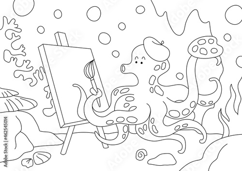 Octopus kids coloring page vector, blank printable design for children to fill in