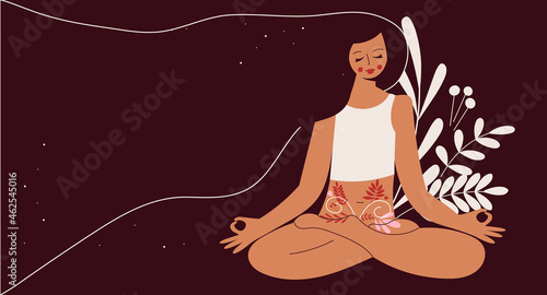 Womb wonder - gynecology and female intimate health concept banner template. Hand drawn woman with floral feminine gynecology. Beauty reproductive system. Woman zen and wellness vector illustration