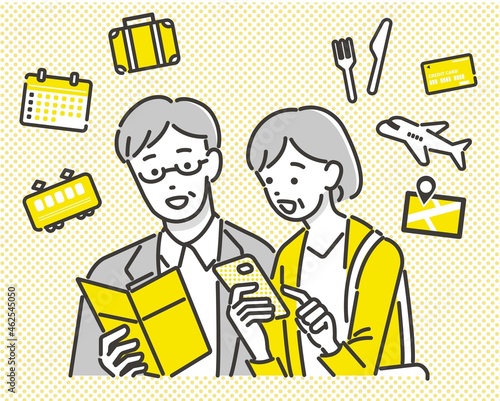 
旅行や観光のアイコンと旅行先でスマホやパンフレットを見るシニア夫婦(カップル）のベクターイラスト素材／観光／アプリ