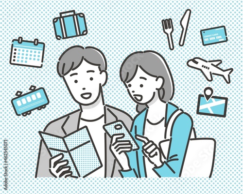 旅行や観光のアイコンと旅行先でスマホやパンフレットを見る夫婦(カップル）のベクターイラスト素材／観光／アプリ