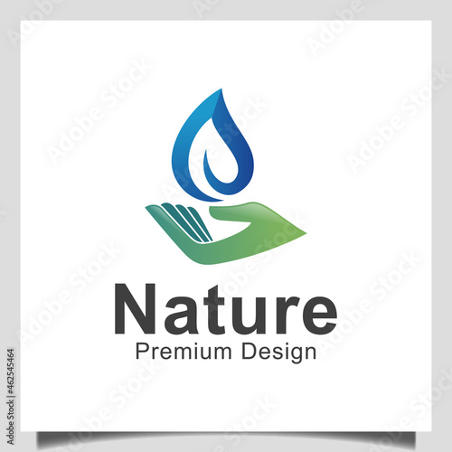 hand leaf care with fresh water drop for biology spring natural logo design