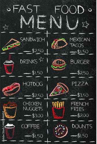 Blackboard with fastfood menu in cafe or restaurant.
Sign menu coffee and food drawn with colored chalks on black blackboard with prices.