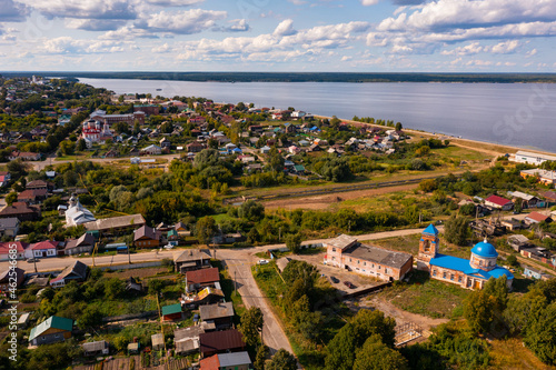 Panoramic view from drone of the church of the Life-Giving Trinity of Kozmodemyansk city. Russia