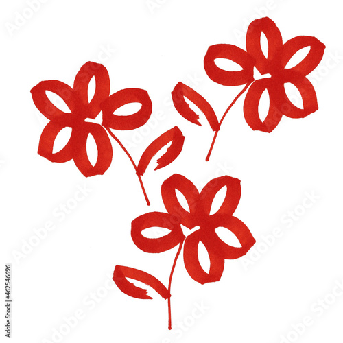 Marker bright red flower with leaves hand drawn line stroke pattern watercolor set