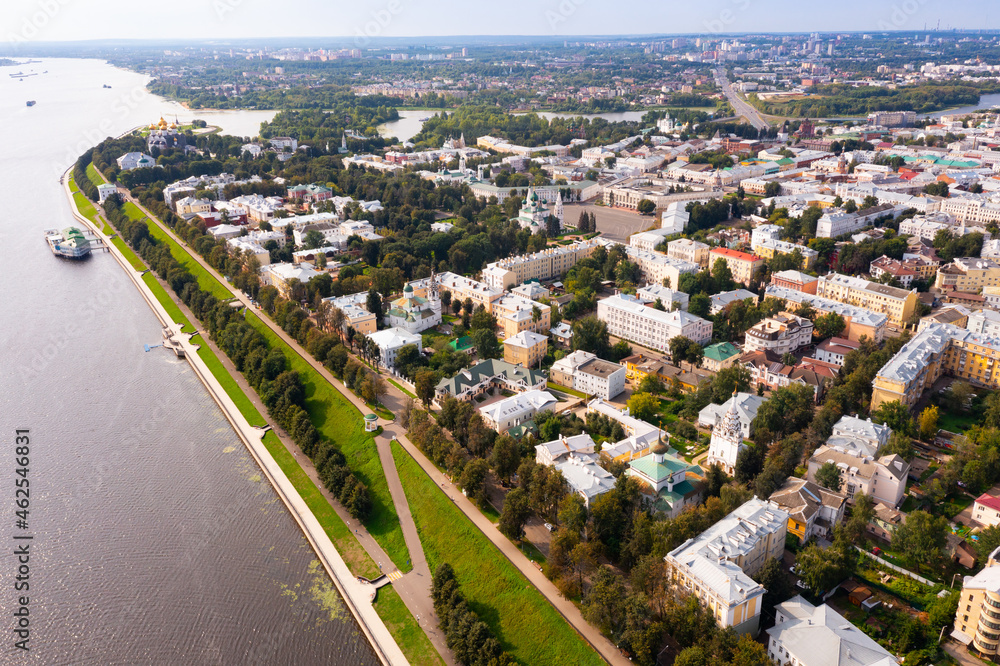 Cityscape of Yaroslavl with view of residential buildings and Volga River embankment.