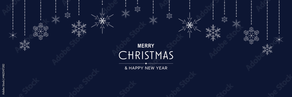 Merry Christmas and New Year 2022 poster. Xmas minimal banner design with hanging snowflakes and text on blue background. Horizontal festive header of website. Vector illustration for greeting card