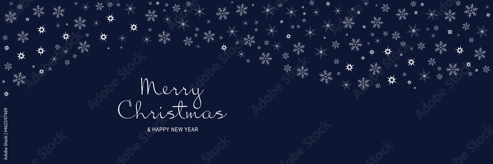 Merry Christmas and New Year 2022 poster. Xmas minimal banner with white snowflakes pattern border and text on blue background. Horizontal website header. Vector illustration for greeting card design Merry Christmas and New Year 2022 poster. Xmas minimal banner with white snowflakes pattern border and text on blue background. Horizontal website header. Vector illustration for greeting card design