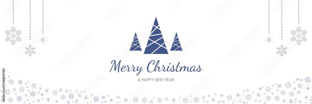 Merry Christmas and New Year 2022 poster. Xmas minimal banner with abstract trees, hanging snowflakes and text on white background. Horizontal web header. Vector illustration for greeting card design