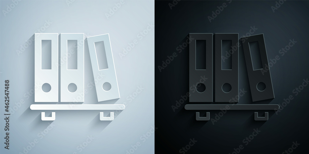 Paper cut Office folders with papers and documents icon isolated on grey and black background. Office binders. Archives folder sign. Paper art style. Vector Paper cut Office folders with papers and documents icon isolated on grey and black background. Office binders. Archives folder sign. Paper art style. Vector