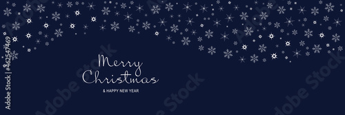 Merry Christmas and New Year 2022 poster. Xmas minimal banner with white snowflakes pattern border and text on blue background. Horizontal website header. Vector illustration for greeting card design