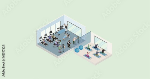 Health and fitness club isometric. Post covid with protective mask. Animation.