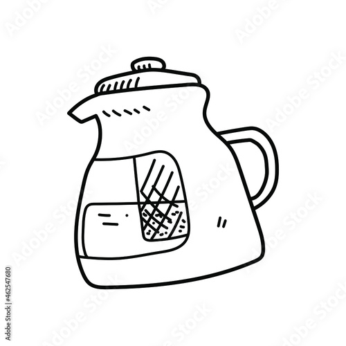 Doodle illustration of a tea infuser teapot, hand drawn vector doodle of a coffee infuser teapot, isolated on white background.