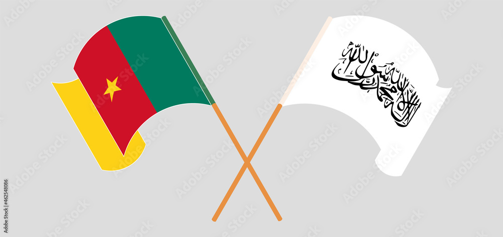 Crossed and waving flags of Cameroon and Taliban Crossed and waving flags of Cameroon and Taliban
