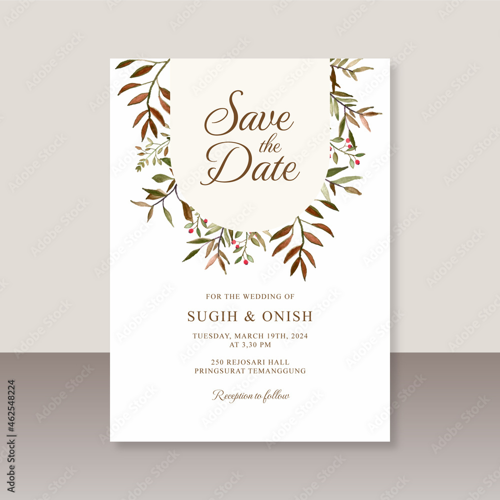 Wedding card template with watercolor leaves