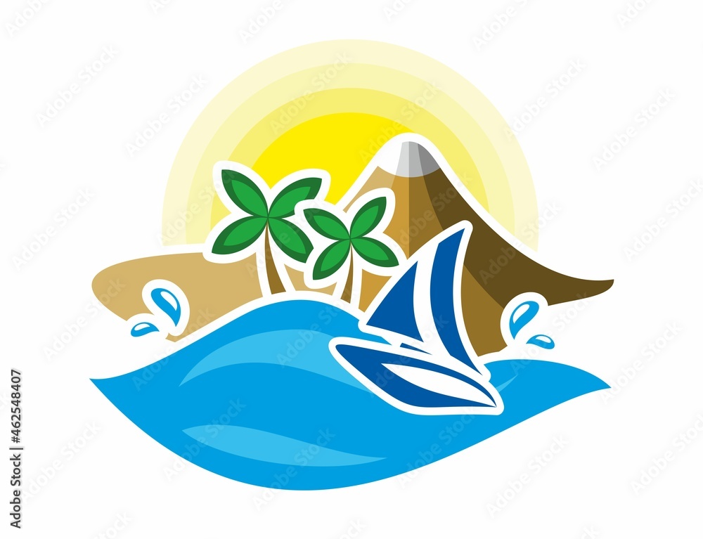 Summer bright logo. Vector icon with palm trees, ocean, mountains and sailboat. Emblem for travel agencies. Summer bright logo. Vector icon with palm trees, ocean, mountains and sailboat. Emblem for travel agencies.