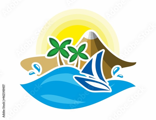 Fototapeta Naklejka Na Ścianę i Meble -  Summer bright logo. Vector icon with palm trees, ocean, mountains and sailboat. Emblem for travel agencies.