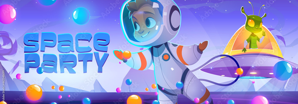 Space party poster with cute spaceman and alien character in sweet world. Vector banner with cartoon illustration of candy planet landscape, boy astronaut and extraterrestrial in flying saucer - obrazy, fototapety, plakaty 