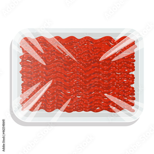 Minced meat in a plastic tray. Ground pork or beef in a vacuum pack. Vector illustration.