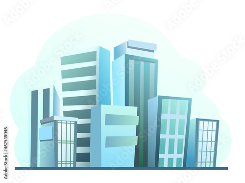 Big city from afar. Skyscrapers and large buildings. Cartoon flat style illustration. Blue city landscape Cityscape. Isolated on white background. Vector.