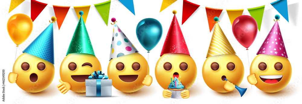 Smileys birthday party vector design set. Smiley emojis collection in party celebration with pennants, balloons and hats celebrating elements for birth day emoji collection. Vector illustration.
Smileys birthday party vector design set. Smiley emojis collection in party celebration with pennants, balloons and hats celebrating elements for birth day emoji collection. Vector illustration.
