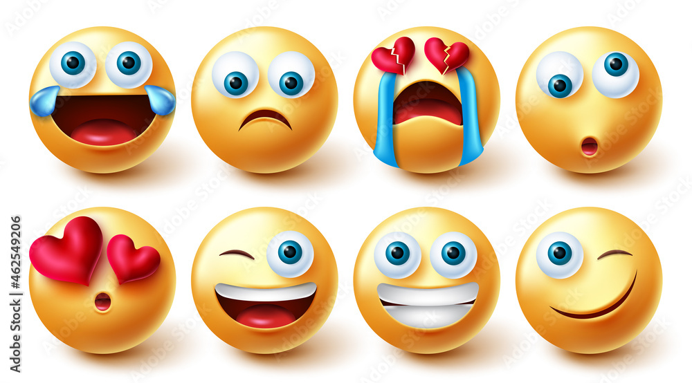 Smileys emoji vector set. Smiley emoticons graphic 3d design in funny, cute and sad broken hearted face emotions for emojis expression icon character collection. Vector illustration.
Smileys emoji vector set. Smiley emoticons graphic 3d design in funny, cute and sad broken hearted face emotions for emojis expression icon character collection. Vector illustration.