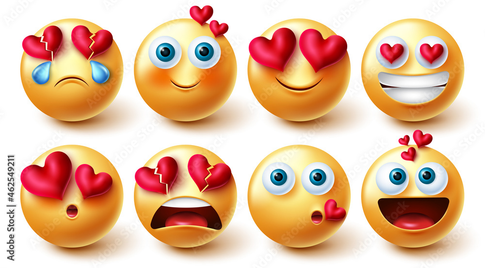 Smileys valentines vector set. Smiley characters in 3d inlove, blushing and happy emotions and reaction with hearts element for cute love faces graphic design and elements. Vector illustration.
Smileys valentines vector set. Smiley characters in 3d inlove, blushing and happy emotions and reaction with hearts element for cute love faces graphic design and elements. Vector illustration.
