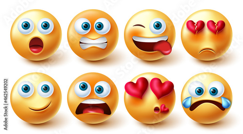 Smileys character vector set. Emojis smiley in yellow face with funny and in love faces collection for emoticon graphic facial reaction and expressions design. Vector illustration.

