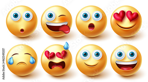 Emoji characters vector set. Smiley emojis 3d collection in cute facial expressions isolated in white background for emoticons character facial expressions graphic design. Vector illustration.
 photo