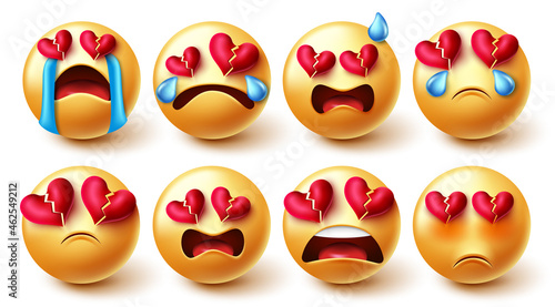 Emojis broken hearted vector set. Smiley characters in sad, crying and broken hearts yellow faces reaction and expressions for valentines emoji collection graphic design. Vector illustration.
