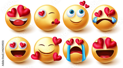 Emoji valentines in love vector set. Smiley characters in yellow faces with hearts element in lovely and happy emotions and reaction for emojis character love collection design. Vector illustration. 