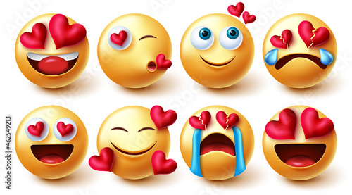 Emoji valentines in love vector set. Smiley characters in yellow faces with hearts element in lovely and happy emotions and reaction for emojis character love collection design. Vector illustration.
