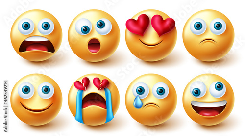 Emoji smileys vector set. Smiley 3d emoticons in shocked, funny and sad broken hearted graphic 3d design for cute and crazy yellow faces emojis collection design. Vector illustration.
