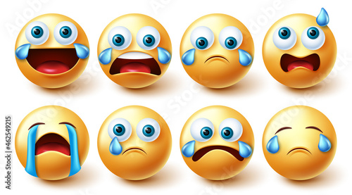 Smiley crying emojis vector set. Smileys 3d characters in crying, laughing out loud and confused graphic face collection for emoticons mood facial expression design. Vector illustration.

