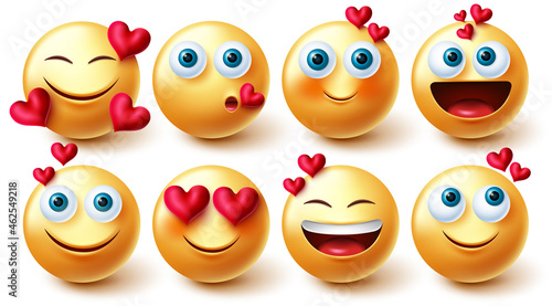 Smileys valentines emoji vector set. Inlove 3d emoji characters with hearts element in yellow faces reaction for graphic design collection isolated in white background. Vector illustration.
