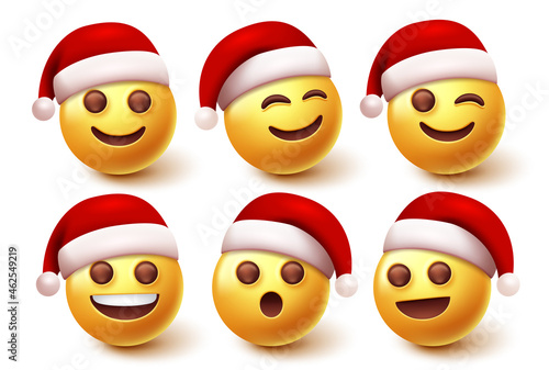 Smiley santa  christmas character vector set. Santa claus emoji characters in facial expression isolated in white background for xmas smileys icon collection design. Vector illustration.
