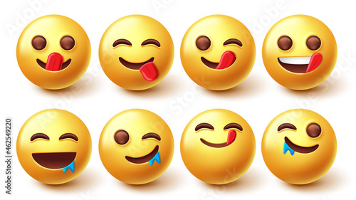 Emojis yummy face character vector set. Smileys emoji 3d in licking and mouth watering for hungry, delicious and tasty emoticons facial reaction design collection. Vector illustration. 