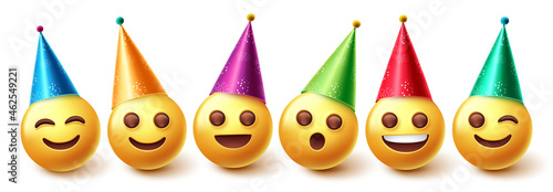 Smileys birthday character vector set. Smiley emojis in party hats birthday and event celebration with happy smile face expression for celebrant emoji character collection design. Vector illustration.