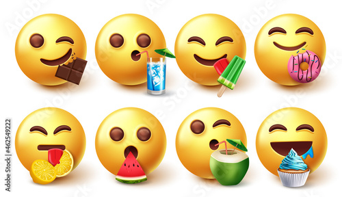 Smileys eating emoji vector set. Smiley emojis 3d eating and drinking foods like fruits and dessert isolated in white background for emoticons eat and drink face collection design. Vector illustration