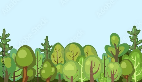 Flat forest. Illustration in a simple symbolic style. Funny green rural landscape. Comic design. Wild thickets. Cute scene with trees. Cartoon Vector