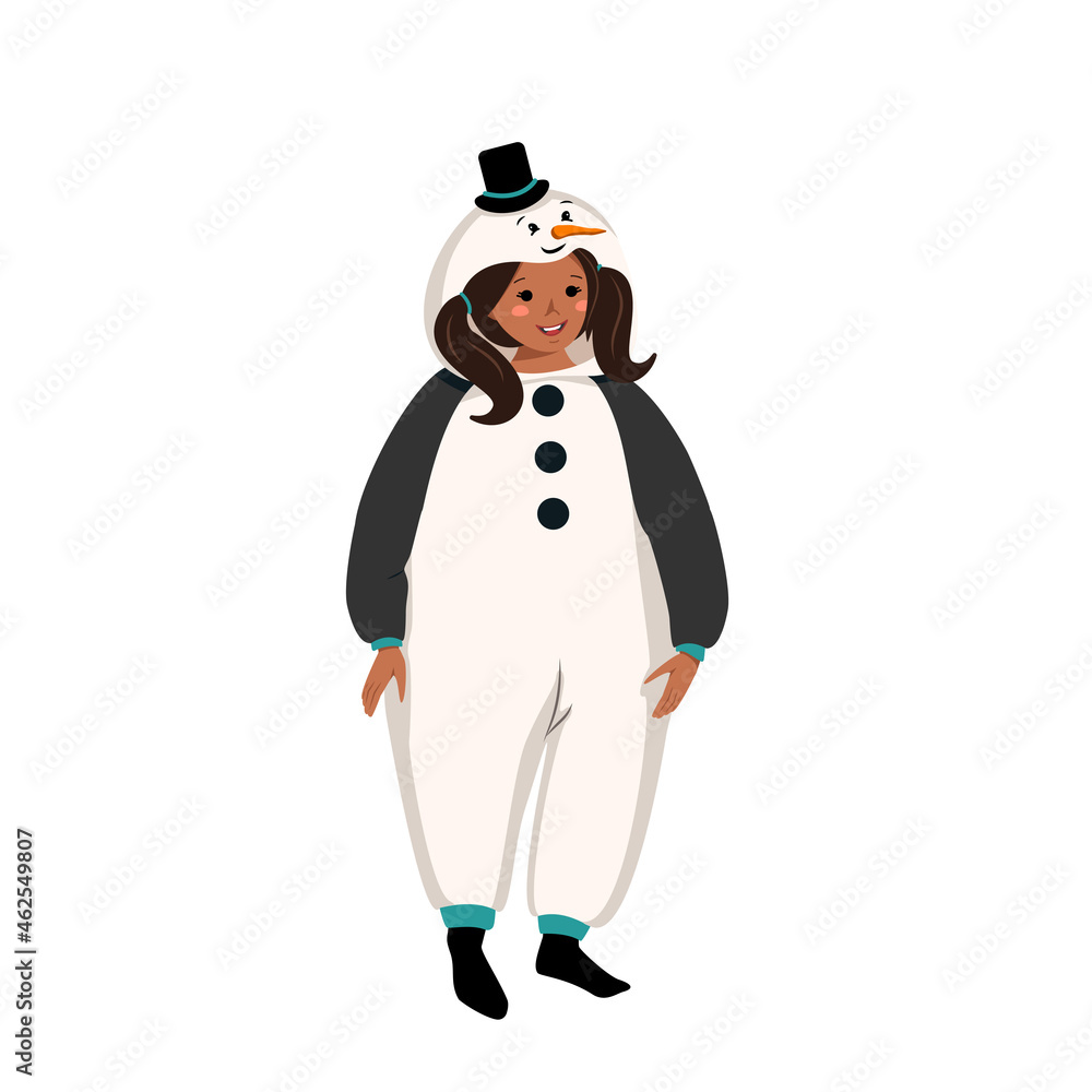Fototapeta premium Girl in carnival costume of snowman. Festive clothing for pajama party, theatre, New Years or Christmas. Child dancing with happy face and smile