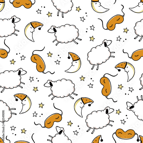 Sleep, bed time seamless pattern. Zzz, dream time kids background. Hand drawn sketch doodle style. Sheep, sleep mask, moon element. Vector illustration.