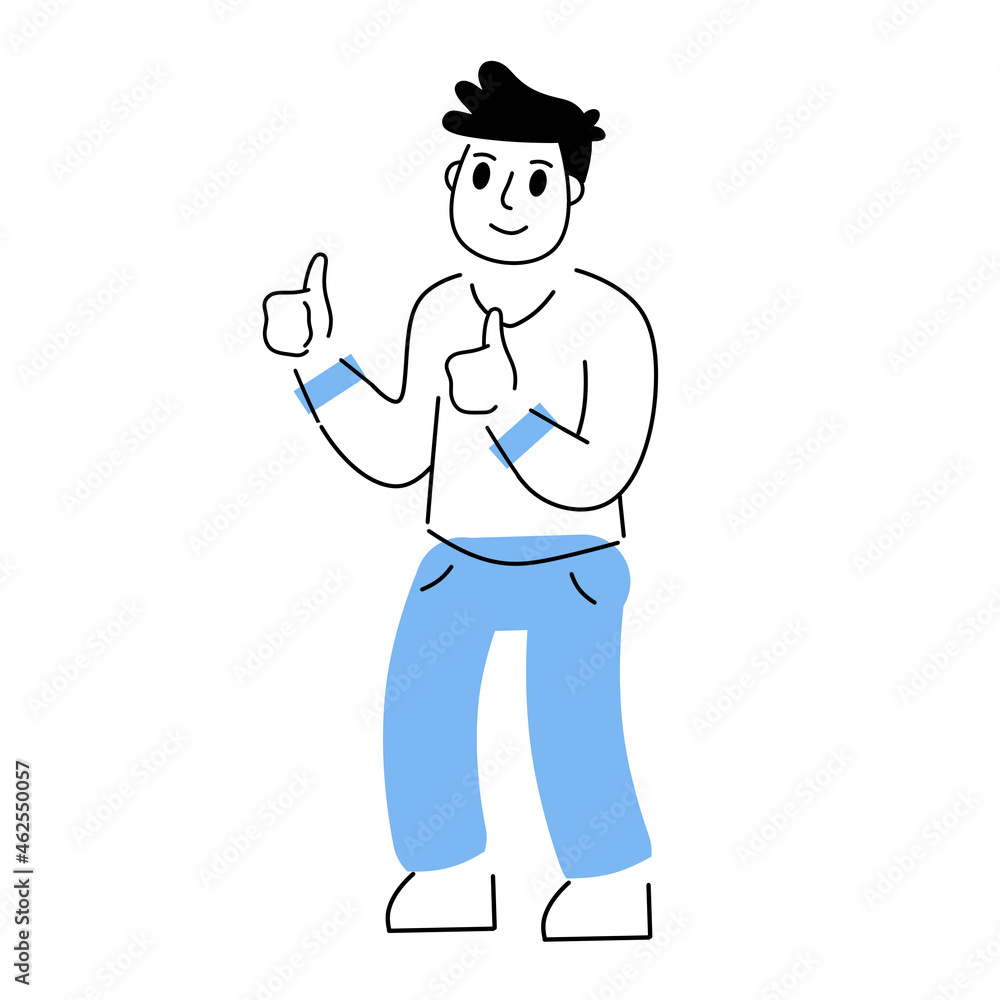 Man shows a thumbs up. Gesture of cool and very good. Young outline character with geometric minimalist shapes. Linear cartoon