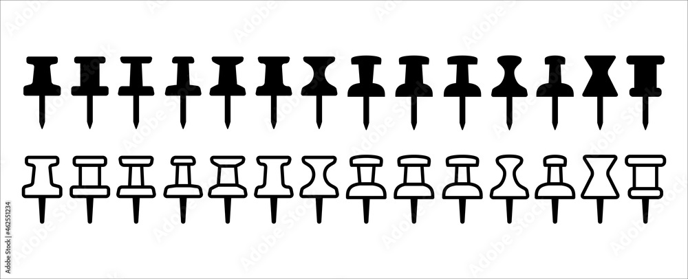 Push pin icon set. Straight push pin icons for digital map and website application pointer set. Flat and outline design. Vector stock illustration
