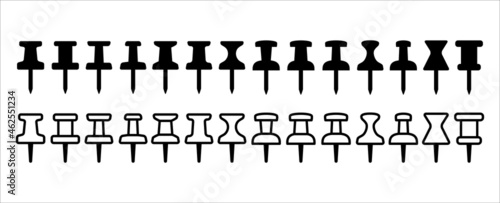 Push pin icon set. Straight push pin icons for digital map and website application pointer set. Flat and outline design. Vector stock illustration