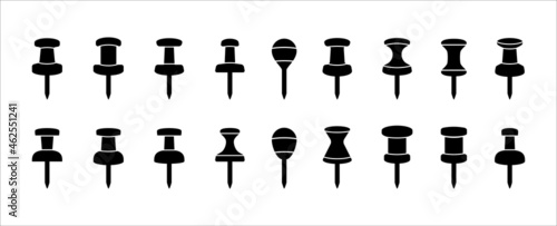 Push pin icon set. Map push pin icons set for map location tagging or pointer. Needle pinned position marker. Vector stock illustration. Straight type position.