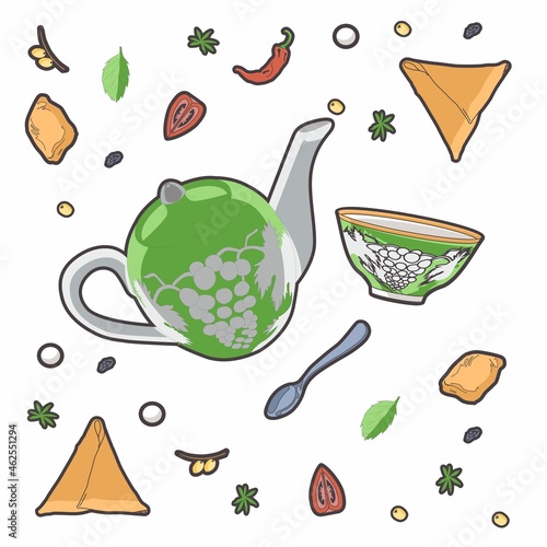 Teapot with bowl and teaspoon. Food composition: baursak, samsa and fruits. Vector.