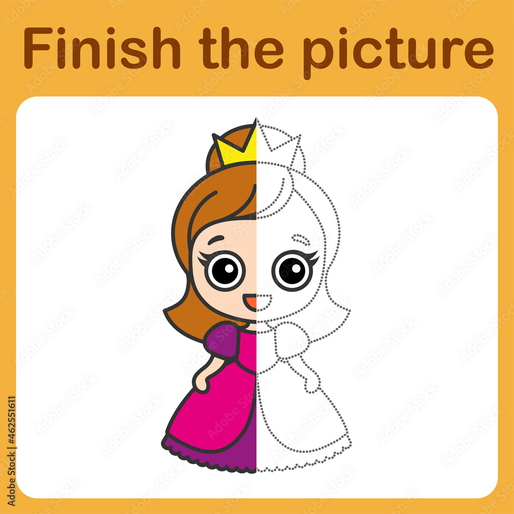 Connect the dot and complete the picture. Simple coloring little queen. Drawing game for children Connect the dot and complete the picture. Simple coloring little queen. Drawing game for children