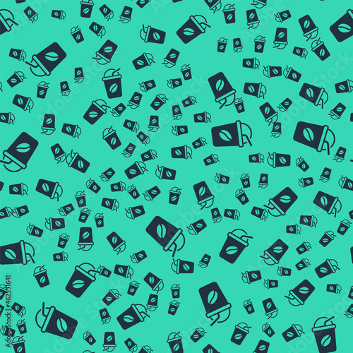 Black Iced coffee icon isolated seamless pattern on green background. Vector