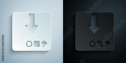 Paper cut Carton cardboard box icon isolated on grey and black background. Box, package, parcel sign. Delivery and packaging. Paper art style. Vector